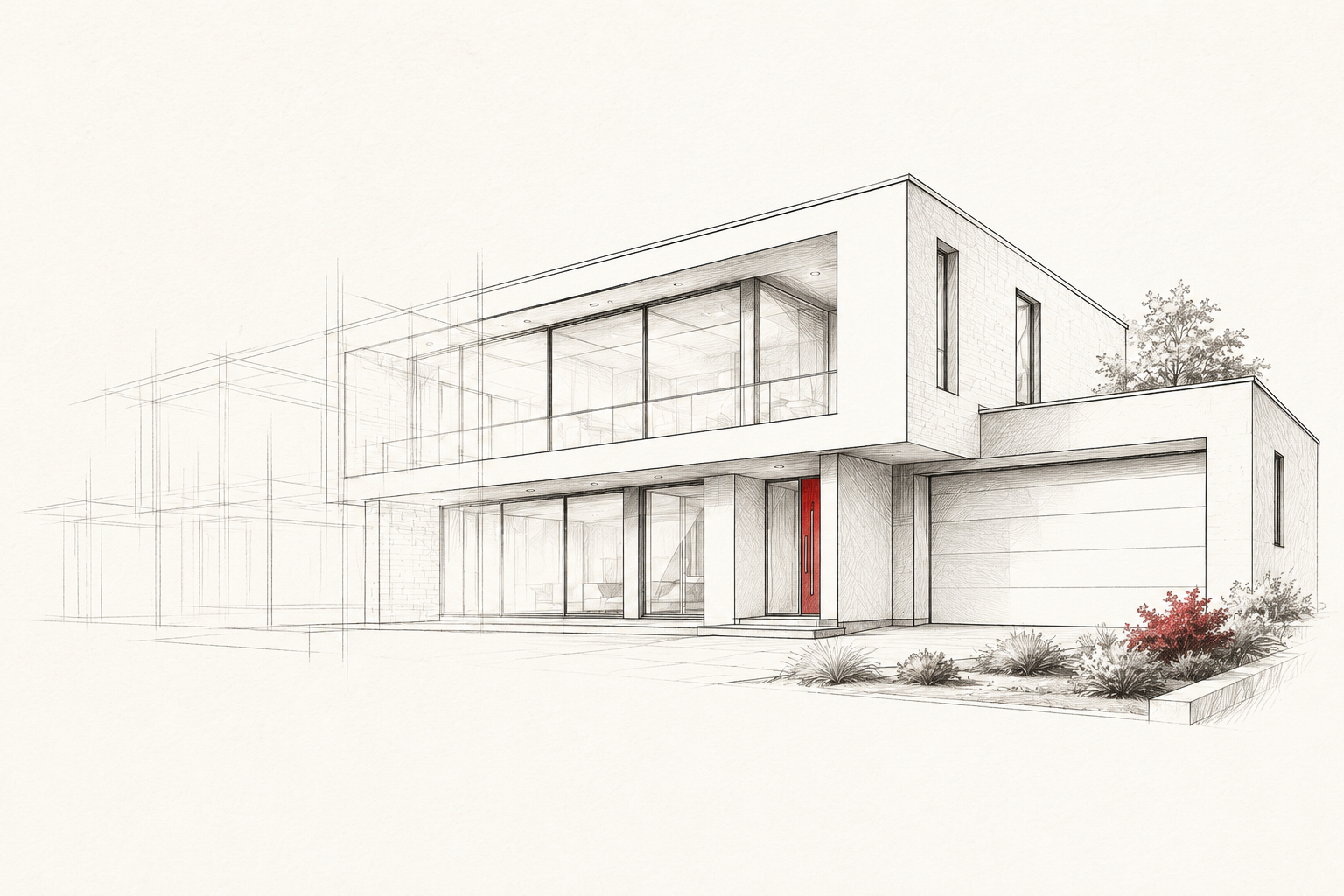 Uno schizzo architettonico di villa passa gradualmente da idea abbozzata a progetto completo